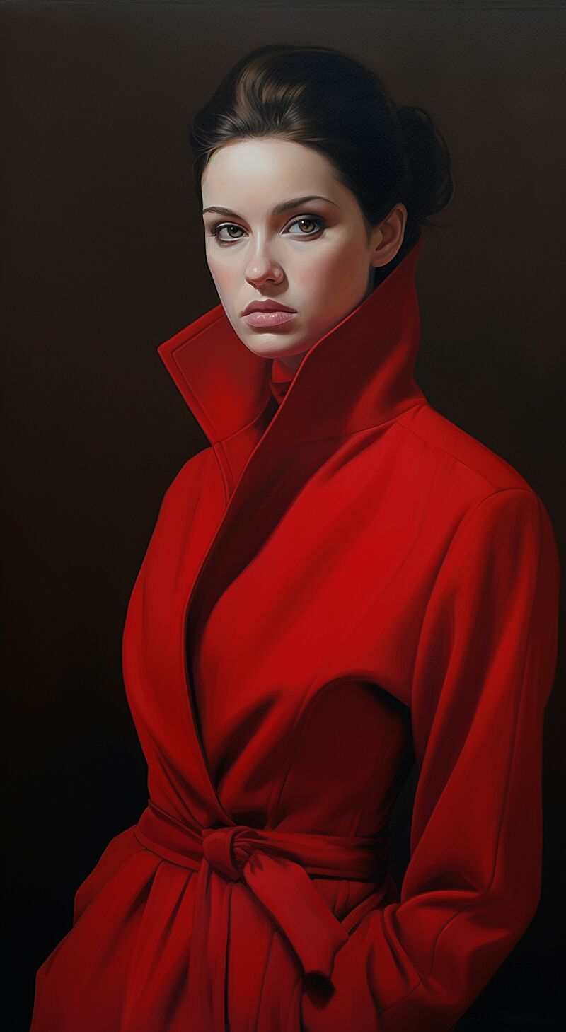 a beautiful woman dressed in a red coat poses for a picture, in the style of monochromatic palette, emil alzamora, layered fabrications, softly blended hues, intense close-ups --ar 35:64 --v 5.2 --style raw