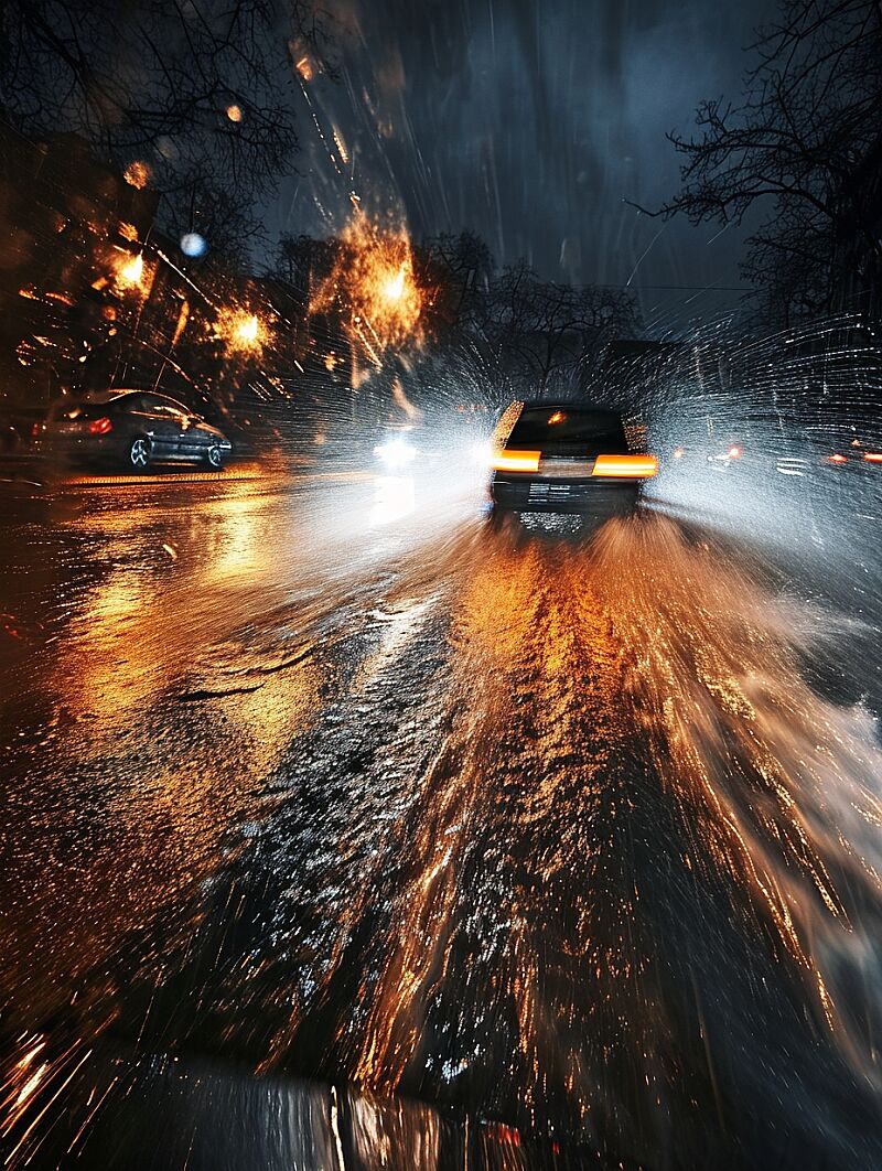 Movie scene, fisheye lens, extreme close-up shot, straight front view of a Out-of-control SUV's headlight:;1.6, the dilapidated SUV is rushing toward the camera::1.2 s Waterlogged city road in a stormy night, splash, flash light, high shutter speed, motion blur, glaring anamorphic lens flare, dramatic lighting, award winning photography, citycore, fear and panic --ar 3:4 --v 6.0 --style raw