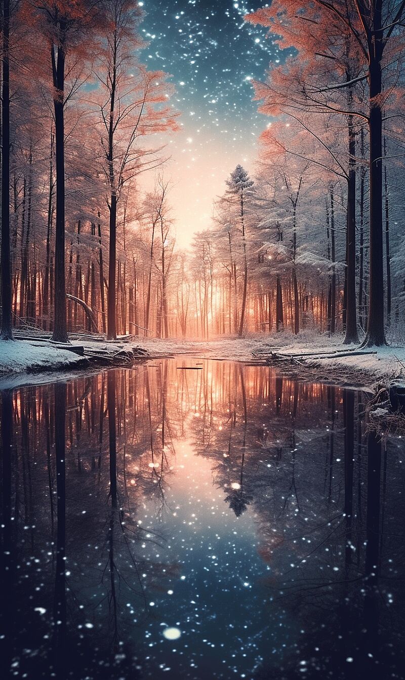 winter forest at dusk background photo, in the style of cosmic symbolism, photo-realistic landscapes, the stars art group (xing xing), light silver and red, uhd image, joel robison, fairy tale illustrations --ar 53:89 --ar 3:5 --q 2 --v 5.1