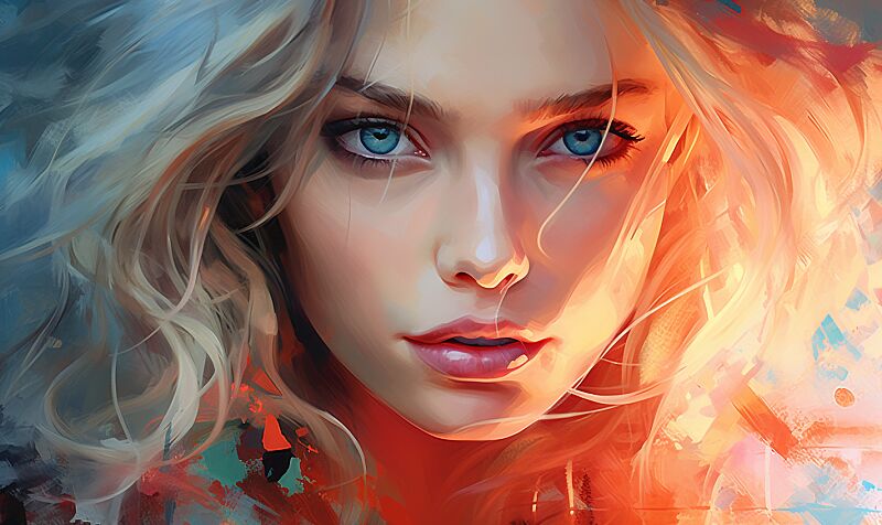 a woman with blue eyes and blond hair, in the style of digital airbrushing, realistic detailing, light crimson and light blue, celebrity image mashups, comic art, uhd image, peter mitchev --ar 5:3 --v 5.2 --style raw