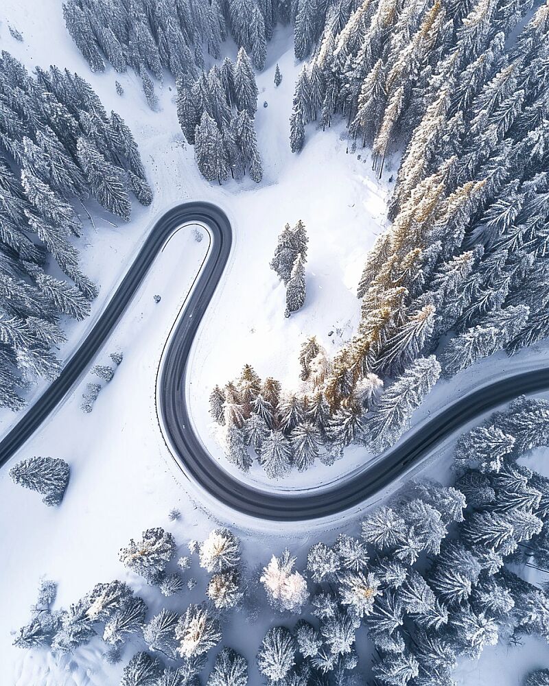 Birds-eye view of a serpentine mountain road in the snow-covered forest. --ar 4:5 --style raw --v 6.0