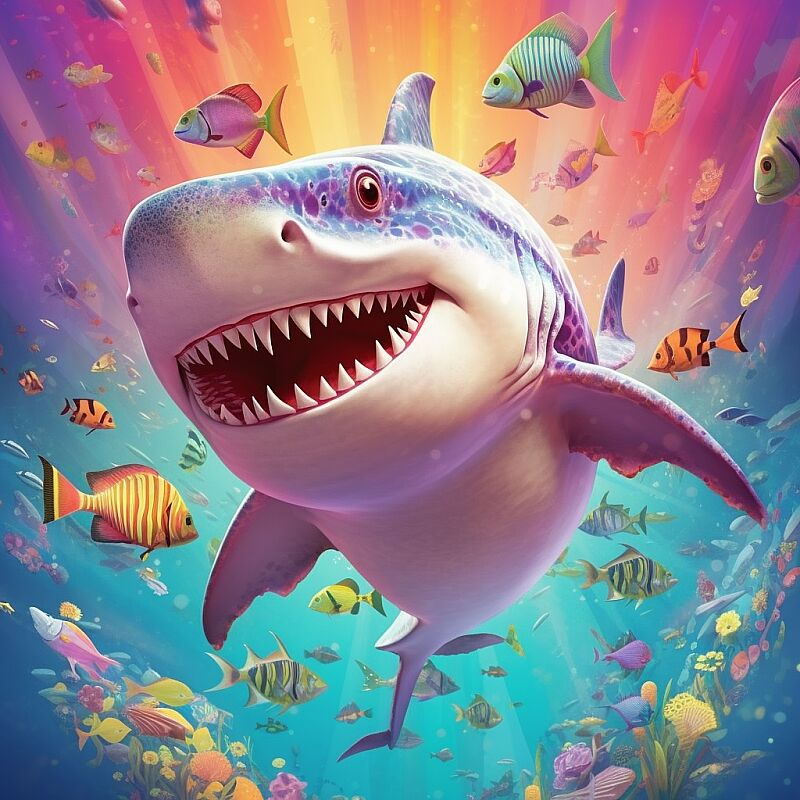 full body image of a big shark. holding a painting with his fin. colourful background, detailed,  magical and fantasy. Pixar animation character.