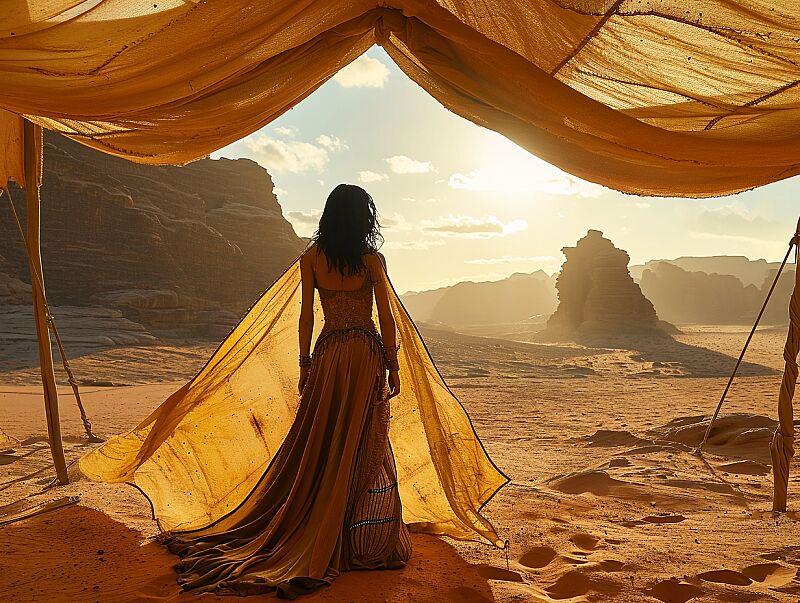 a woman wearing a dress in a desert standing under a tent, in the style of fantasy-inspired art, light black and bronze, 20 megapixels, marvel comics, large canvas paintings, playstation 5 screenshot, associated press photo --ar 4:3 --v 6.0 --style raw