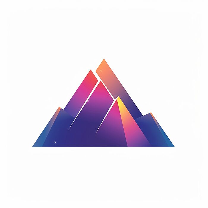 Create a [mountain] logo with a modern and minimalist design. The logo should feature geometric shapes, with a gradient color palette. colorful. The shapes should be arranged to create a clean, abstract representation of the subject, conveying its essence rather than detailed realism. The design should be suitable for use as a corporate brand identity, evoking stability. The overall look should be sleek and scalable, able to maintain its impact when used in various sizes. Add symbolizing interconnectivity and complexity. The image should be isolated on a white background for versatility in usage --v 6.0