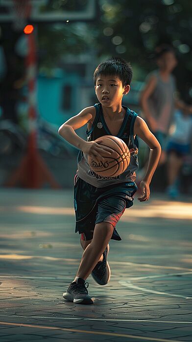 A young Asian player with focused eyes dribbles the ball rhythmically, their form perfect - one bounce, two controlled steps. The ball is practically an extension of their hand, highlighting the connection between player and ball. The court lines are crisp and clear, emphasizing the importance of following the rules --ar 9:16 --v 6.0