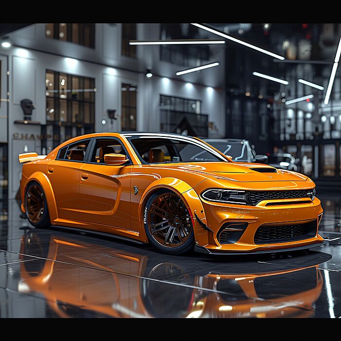 create image of 2025 Charger in a car show room ar --16:9 --s 250 --v 6.0