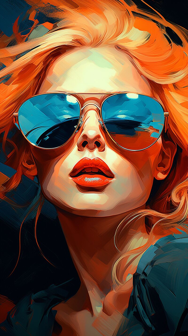 girl with sunglasses painting, in the style of dark turquoise and dark orange, acidic and luminous colors, radiant colors, warm tones, 32k uhd, karol bak, patterns --ar 14:25