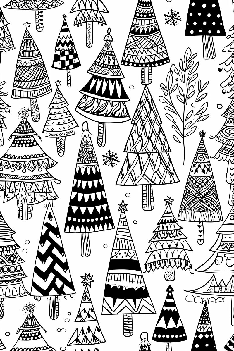 pattern with boho Christmas trees in different shapes and sizes, black and white adult coloring page, black and white line work, on a white background --no shading, dither, fill, solids, gradient --ar 2:3 --v 6.0 --style raw