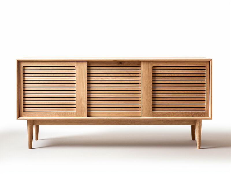 Sideboard,wood, lamels, 3 door, scandinavian style, modern living room, inspired by Skagerak --ar 4:3