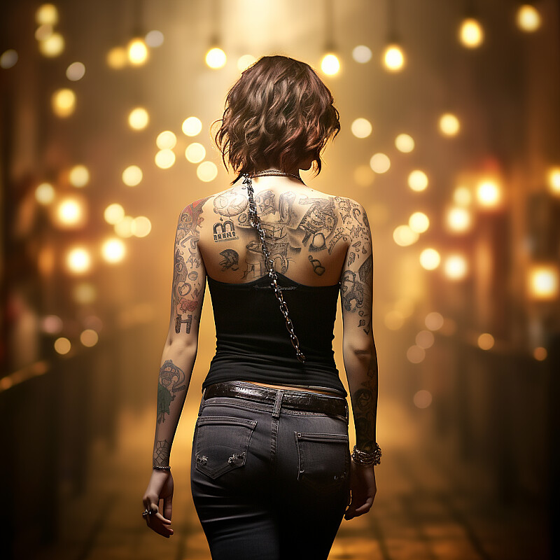 A young woman , cute, blushed, short brown hair ((hi-top fade:1.3)) , wearing a slim torn jeans and tiny tank top, multiple earings, she is walking, 3D tattoos, looking back at viewer, hourglass shape, blurred desaturated bokeh background,dark theme, warm tones,muted colors,high contrast, soft lighting, artistic shot ((low angle)), sunset in the background. Boudoir photoshoot. --s 250 --style raw