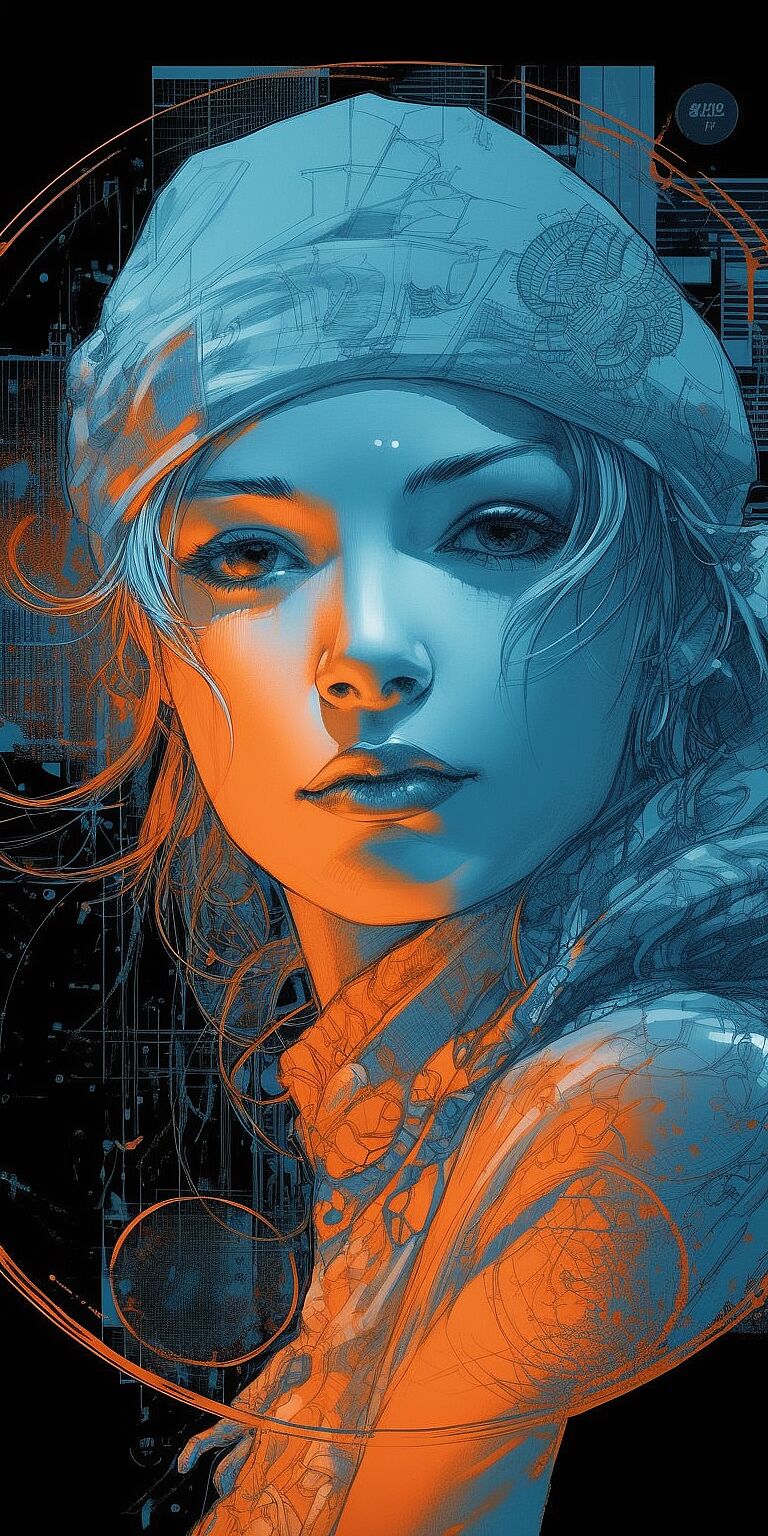 an orange circle appears in front of a woman\'s face, surrounded by light, in the style of adam hughes, dark silver and azure, martin ansin, blueprint, michael hussar, mono-ha, captivating gaze --ar 1:2 --q 2 --s 250 --v 5