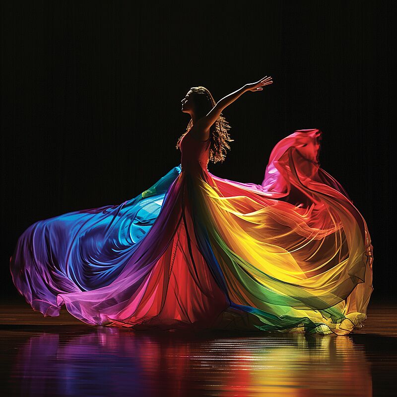 an image of a dancer in a dynamic and fluid pose, her body exuding grace and energy. She is dressed in a vibrant, flowing gown that cascades around her in a spectrum of colors, from deep reds to bright yellows, transitioning through the full range of the rainbow. The dress should appear to be in motion, almost liquid-like, with the fabric swirling and billowing out as if she were dancing amidst a colorful mist. Her hair should be light and airy, flowing back as she moves. The background should be stark black to make the rainbow colors of her gown pop with vivid contrast, emphasizing the movement and the emotional expression of the dance. The overall image should convey the beauty of motion and the artistry of dance, creating a visual experience that is both striking and enchanting. --v 6.0 --style raw