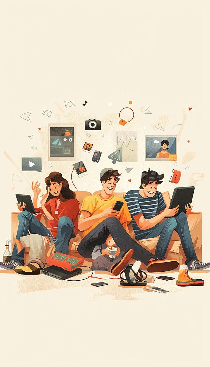 Stress-Free Engagement: Depict people joyfully engaging in stress-free social media activities, such as sharing hobbies, spending quality time with loved ones, and participating in wellness practices to promote a balanced and fulfilling digital experience. --ar 4:7 --v 6.0