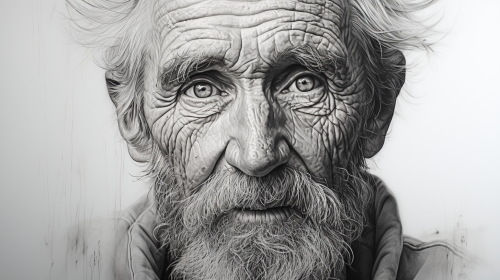 Illustrate a portrait of an elderly person, capturing the wisdom and character etched onto their face through precise shading and meticulous attention to detail