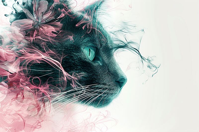 a silhouette of a cat's face, distinct whiskers, created from a floral pattern, muted pink and teal colored palette, high contrast, white background --ar 3:2 --v 6.0 --s 250