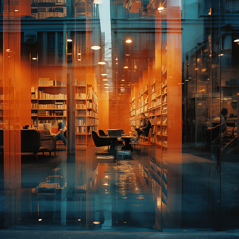 a picture of an abstract image of a Bookstore with reflections, in the style of dark orange and light azure, bertil nilsson, glimmering light effects, blink-and-you-miss-it detail, jessica drossin, photo taken with ektachrome --style raw