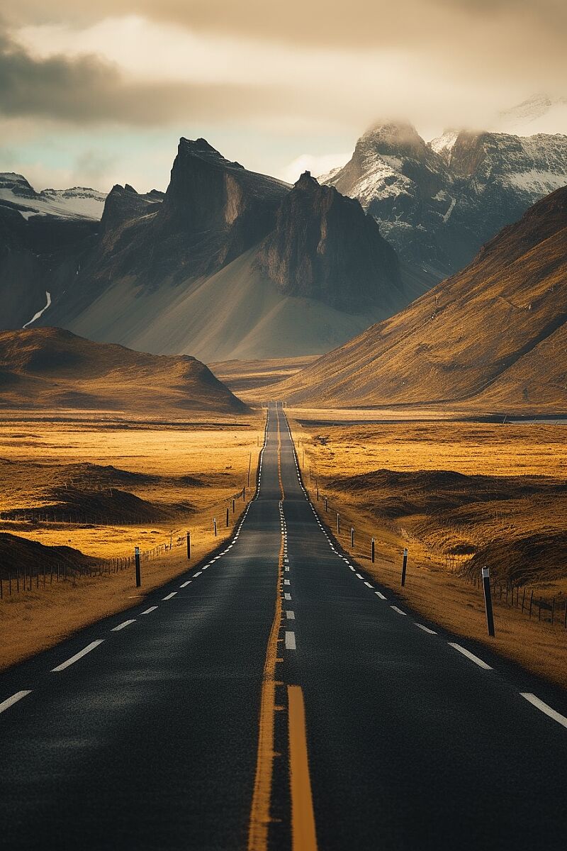 an empty road with mountains in the background, a picture, by Johannes Voss, unsplash contest winner, visual art, ffffound, iceland landscape photography, 4k vertical wallpaper, bussiere rutkowski andreas rocha, front - facing perspective, nostalgic vibes, hq 4k phone wallpaper, sparsely populated --q 2 --ar 2:3 --c 14  --s 750