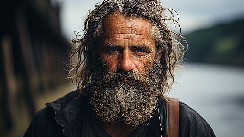 shot of a French a middle aged bearded boatbuilder with a gentle heart, side view, stands looking out at the river, almost facing the camera, dark short hair, ww2 era, set on the Garonne River in France in Occupied France --ar 16:9 --v 5.2 --s 750 --style raw