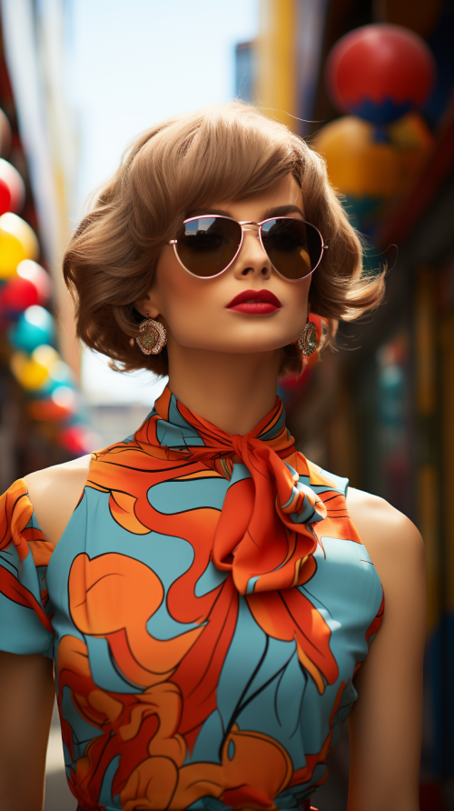 A vintage-style color photograph of a young woman in retro 1960s fashion. She wears a mod-inspired dress with bold geometric patterns and accessorizes with oversized sunglasses and a headscarf. Her hair is styled in a bouffant or beehive. The setting is a vibrant city street with vintage cars and storefronts, evoking the nostalgic atmosphere of the era. The photo captures the spirit of youthful energy and fashion-forward style. 60Retro69Punch75