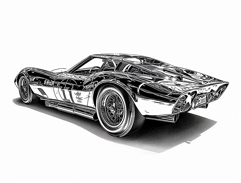 black and white vintage sports car drawing black and white on white, in the style of paula scher, silver and gold, agfa vista, visual puns, realistic hyper-detail, bold lettering --ar 17:13 --v 6.0 --style raw