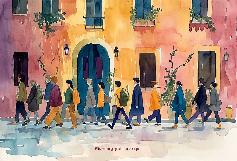 watercolor painting of people walking near buildings, in the style of wes anderson, yasuo kuniyoshi, gerd arntz, colorful animation stills, absinthe culture, lush and detailed, lively illustrations --ar 128:87 --v 6.0 --style raw