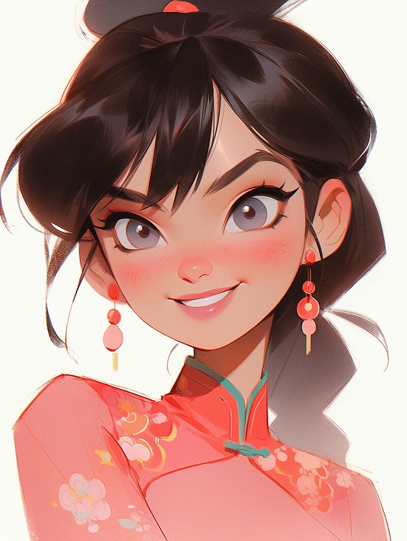 a cute Chinese girl, sweet, happy, portrait, cartoon, Chinese elements, Disney style, Disney illustrations, no background, flat color, bright, soft focus, ultra-detail. --style expressive --niji 5 --s 180 --ar 3:4