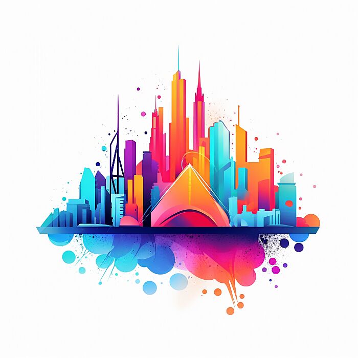 Create an minimalist illustration with a central [skyscraper] in a vibrant, stylized, and colorful design. The subject should be detailed and the central focus, with the rest of the image fading into a clean, white background. The style should be whimsical and modern, with a touch of playfulness and a flat design aesthetic. --v 5.2 --s 50 --style raw