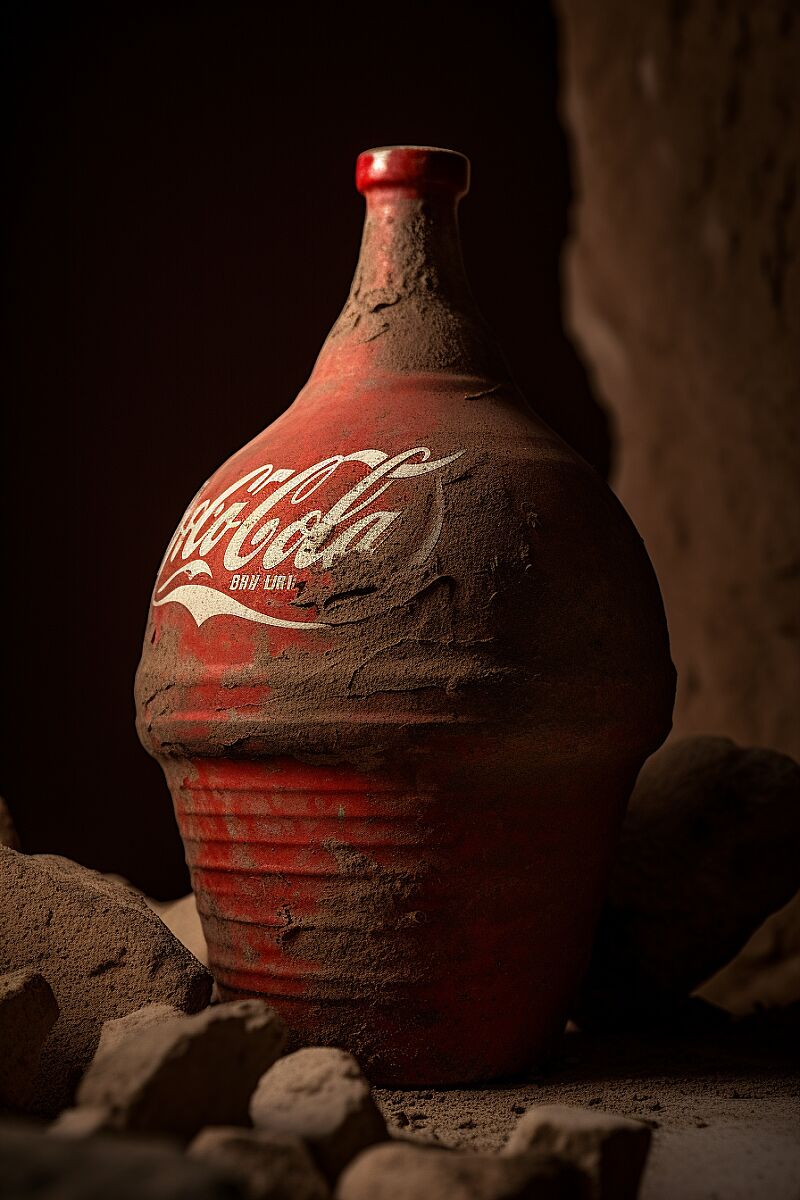 product photo of cocacola amphora, amphora, ancient archeologic site, Cinematic, Photoshoot, Shot on 25mm lens, Depth of Field, DOF, Tilt blur, Shutter speed 1/1000, F/22, White balance, 32k, Super-resulution, Megapixel, Pro Photo RGB, VR, Lonely, Good, Massive, Half rear Lighting, Backlight, Dramatic Lighting, Incandescent, Optical Fiber, Moody Lighting, Cinematic Lighting, Studio Lighting, Soft Lighting, Volumetric, Conte-Jour, Beatiful Lighting, Accent Lighting, Global Illuminating, Screen space Global illuminating, Ray Tracing Global Illuminating, Optics, Scattering, Glowing, Shadows, Rough, Shimmering, Ray tracing reflections, Lumen Reflections, Screen space reflections, Diffraction grading, Chromatic Aberration, GB Displacement, Scan lines, Ray traced, ray traceing Ambient occlusion, Anti aliasing, FKAA, TXAA, RTX, SSAO, Shaders, Open-GL Shaders, GLSL-Shaders, Post Processing, Post Production, Cell Shading, Tone Mapping, CGI, VFX, SFX, insanely detailed and intricate, hyper maximalist, elegant, super detailed, dynamic pose, photography, volumetric, ultra-detailed, intricate detailes, 8K, super detailed, ambient --uplight --v 5 --ar 24:36