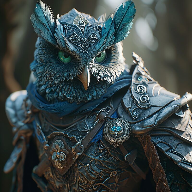 Anthropomorphic blue owl, big green eyes, lots of details, portrait, finely detailed armor, cinematic lighting, intricate filigree metal design, 8k, unreal engine, octane render, realistic, redshift render --v 6.0 --style raw