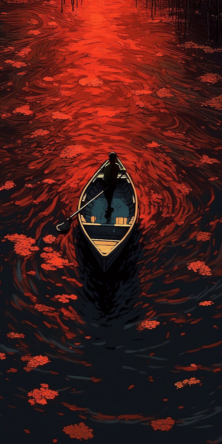 a picture of a lone boat in a dark waters full of monsters, in the style of dark black and red, asaf hanuka, aerial view, genndy tartakovsky, robert hagan, symbolic overload, animated gifs --ar 9:18 --v 5.1 --s 750