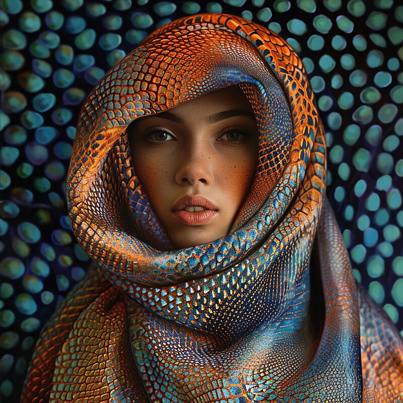 Create a hyper-realistic portrait of a woman with a detailed headscarf in a scaly pattern, featuring a color gradient from warm oranges to cool blues. The texture should be so vivid it feels tactile. Her makeup echoes the scarf's hues. The patterned background blurs into dots, adding depth and making her stand out. The image is rich in detail, showcasing the woman with an elegant and mysterious presence. --v 6.0 --style raw