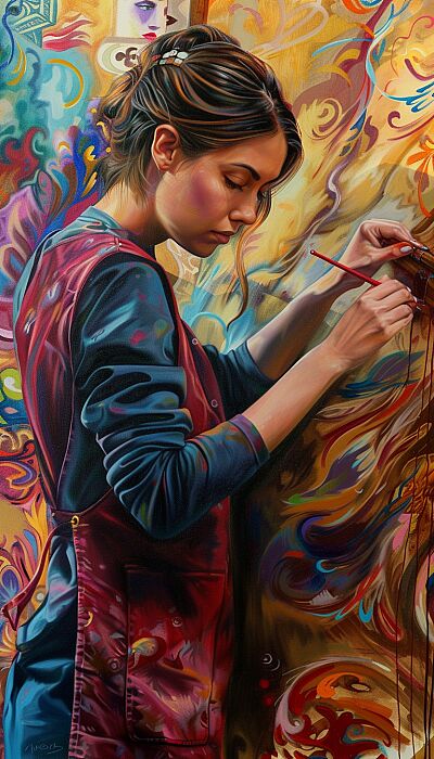 illustrate women creating art and expressing creativity", "Female artists painting or sculpting", "Artistic collaborations by women", "Colorful and vibrant artwork by women", "Women engaging in various forms of artistic expression --ar 4:7 --v 6.0