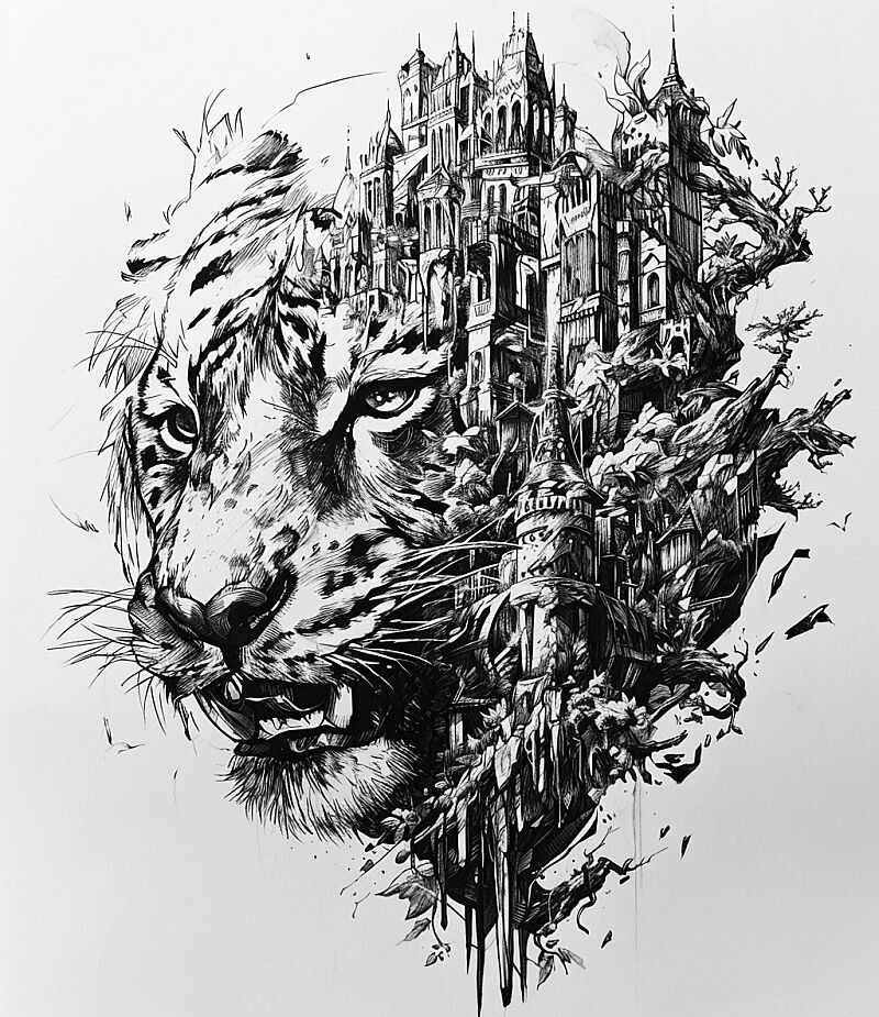 an ink drawing of a tiger and castle fusion, in the style of metropolis meets nature, detailed facial features, mind-bending sculptures, highly detailed foliage, surreal shapes, made of all of the above, clever use of negative space --ar 87:100 --v 6.0 --style raw