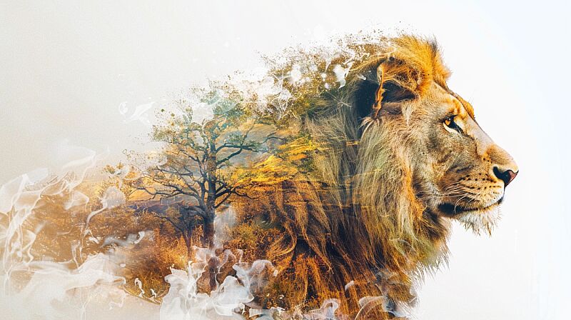 Lion, benevolent, double exposure --ar 16:9 --v 6.0