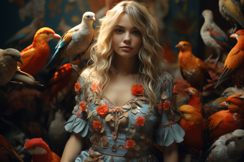 beautiful wise powerful shaman clown girl with intricately patterned dress and feathers in her blonde hair surrounded by surreal luminescent animals surrounded by jungle leaves, full body view, golden ratio, cinematic, atmospheric, grey blue, red, yellow, 8K --ar 3:2 --s 750 --style raw