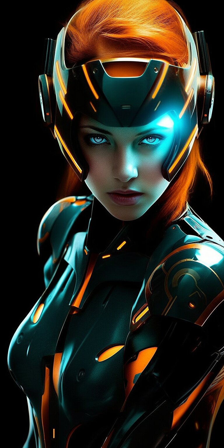 Minimalism, in the style of marvel photography, dark black cyan and orange transparent armor , whimsical female cyborgs, eye - catching tags, xbox 360 graphics, luminescent color scheme, metalworking mastery --ar 1:2 --s 750