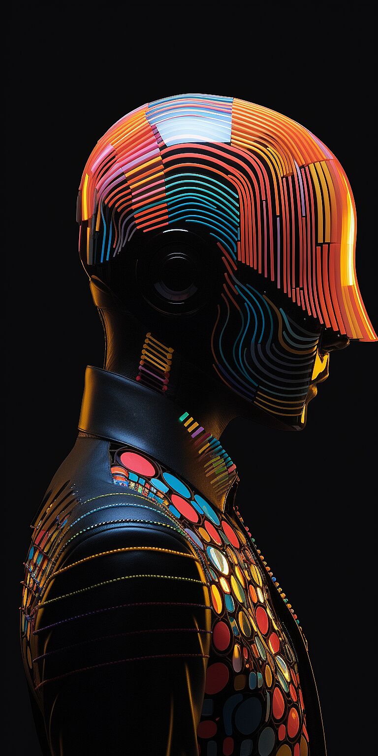 stunning side profile photo of a daft punk, on a dark background, vibrant large format film, Abstract Surreal Colorful Silhouette Art by Hundertwasser, Maxfield Parrish and ed paschke, fractal patterns, nautilus shapes, spirograph depth --ar 1:2