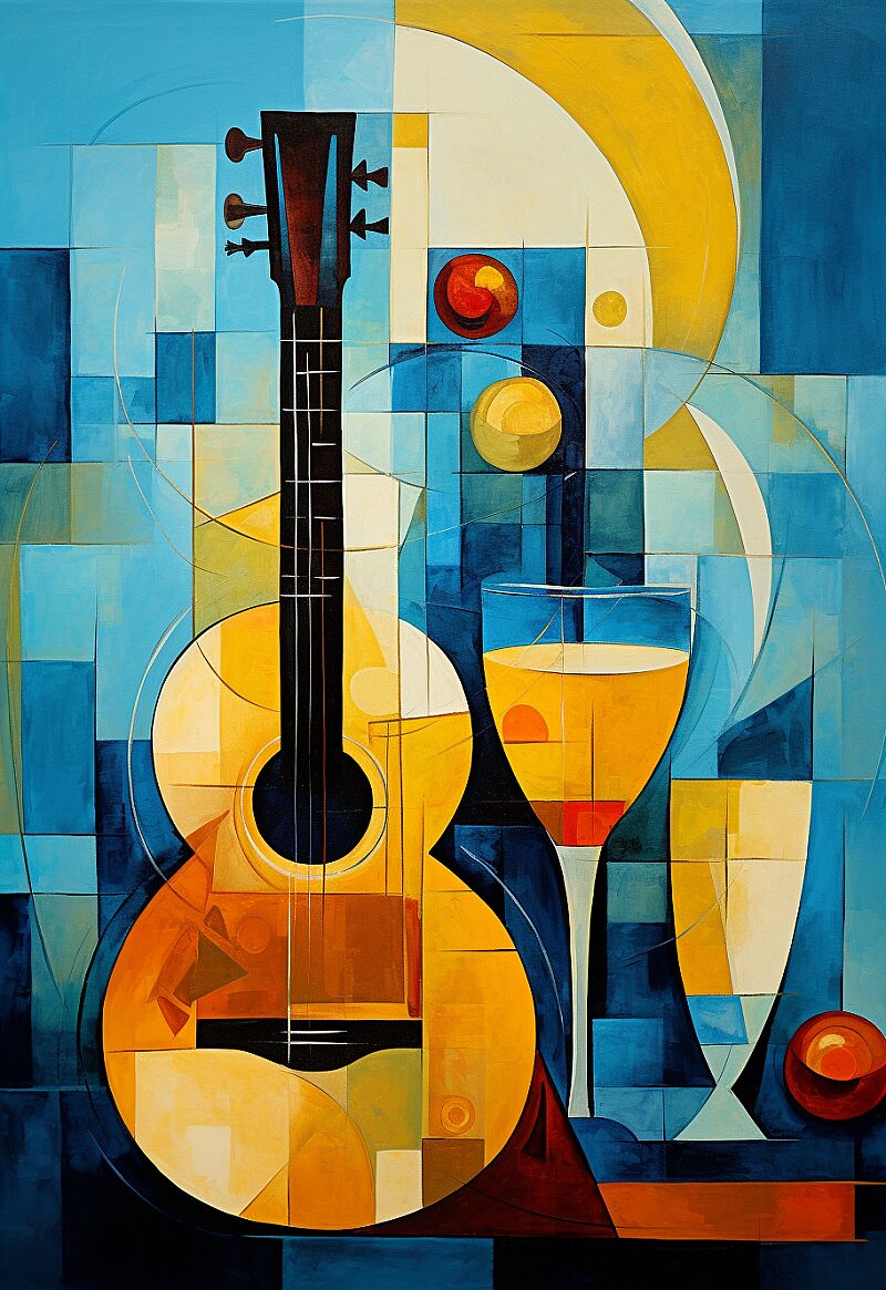 a painting depicting an acoustic guitar, a wine glass, and geometric shapes, in the style of light yellow and azure, tondo, skillful, majismo, contrasting, mixed media works --ar 29:42