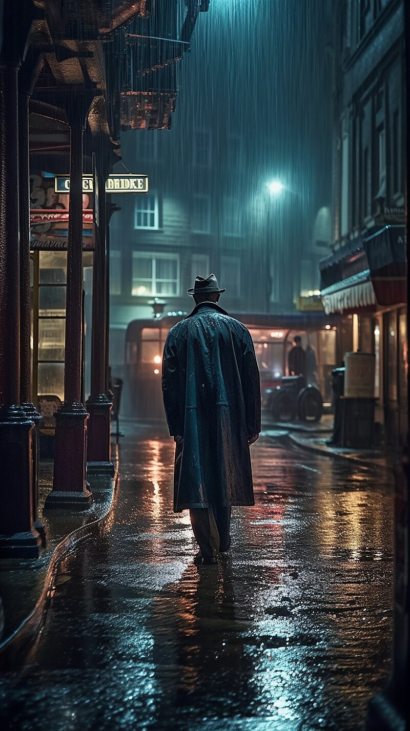 Realistic style, hyper-detailed, highly immersive vertical scene, a well-dressed lone man walking through the rain-slicked streets of London after a downpour, intricate details of the nighttime illumination reflecting off the wet pavement and gas lamps, capturing the essence of solitude in the midst of an urban landscape, the image was taken with a high-resolution camera that brings every nuance of the setting to life, 8k, HDR --ar 9:16 --q 2  --s 750       --v 5