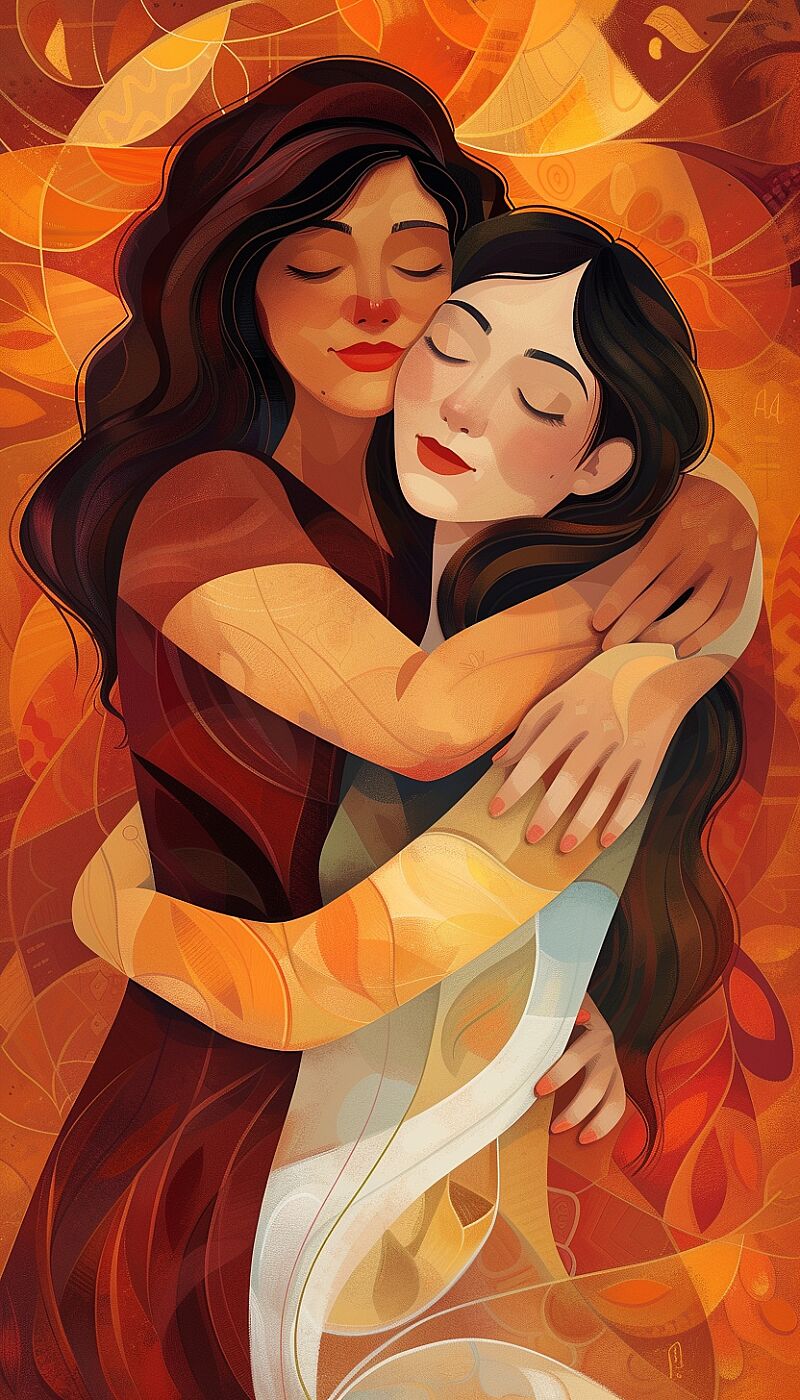 Heartfelt Bond: illustrate an image of two women embracing in a warm hug, with expressions of joy and love on their faces. This poster emphasizes the importance of nurturing meaningful connections and celebrating the bonds of friendship and sisterhood. --ar 4:7 --v 6.0