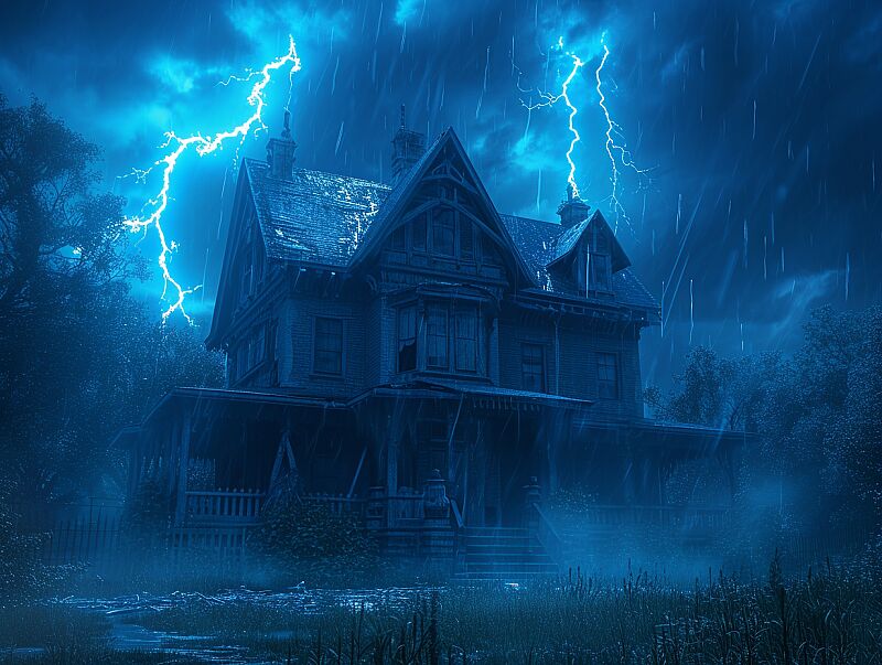 a old house with lightning behind it, in the style of surreal animation, firecore, haunting images, uhd image, fantastical creatures, colorful animation stills, haunting figuratism --ar 4:3 --v 6.0 --style raw --s 250