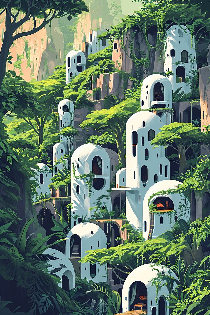 Cute comic style and flat vector illustration. A jungle full of vines and ancient structures upgraded with white futuristic pod houses. --style raw --ar 2:3 --v 6.0 --stylize 200