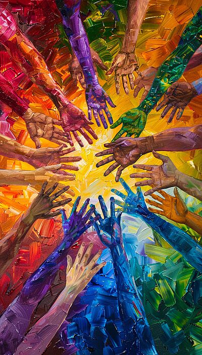 Personal empowerment - An energetic image of diverse individuals joining hands in a colorful display of unity and empowerment. --ar 4:7 --v 6.0