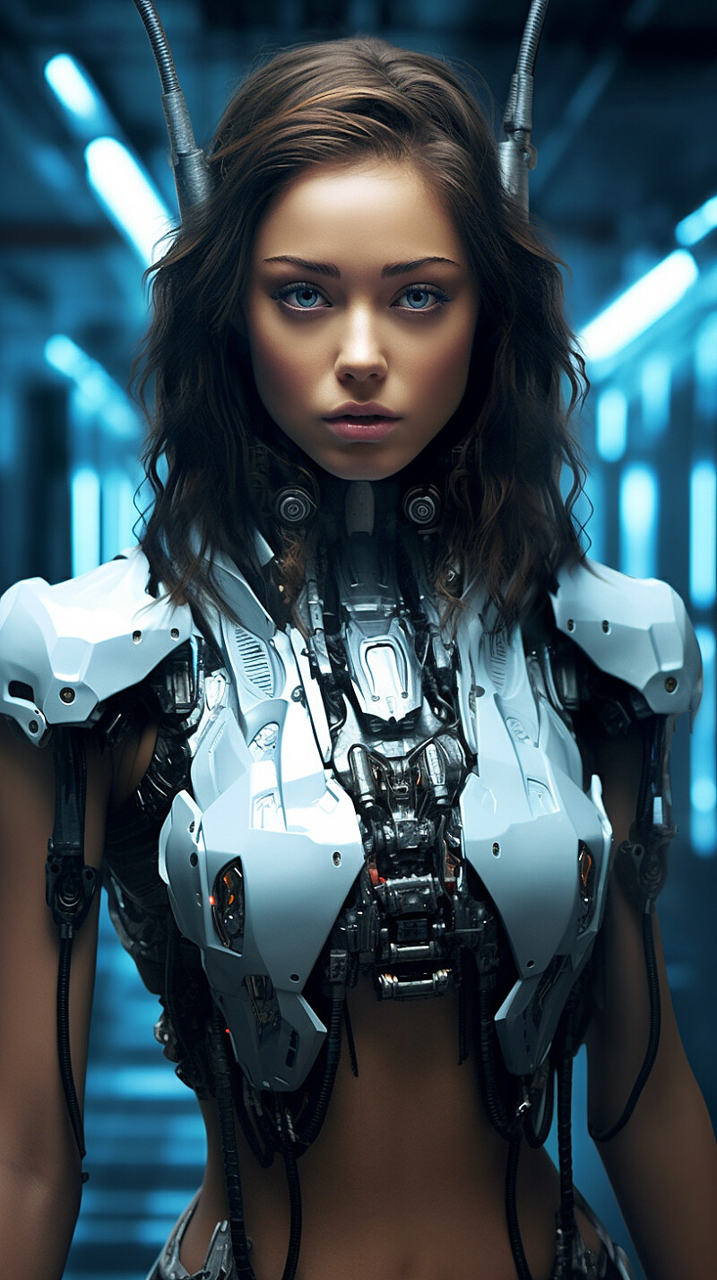 Epic photorealistic portrait by Ana Dias of a female terminator runway model, beautiful human face, face like Miranda Kerr::40 , implants, beige armor, sleek perfect fit body, long tousled hair, beautiful eyes and lips, water, LEDs, lights, wires, white sterile laboratory environment::30 , highly detailed, cinematic lighting, photorealistic, full torso view --v 5.1 --style raw --s 500 --chaos 10 --ar 9:16