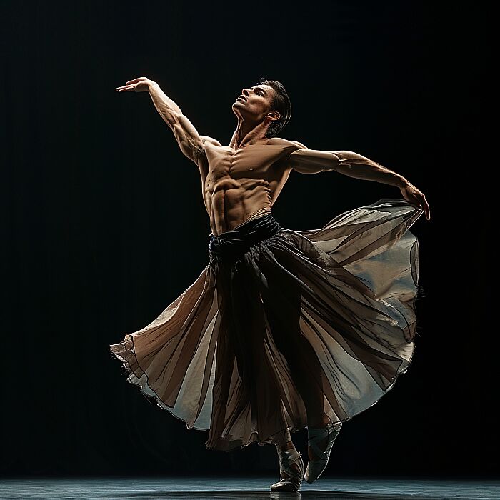 Professional photo of a [Tom Cruise] dancer captured in a perfect dynamic pose, gracefully in a skirt crafted from [Onnion], embodies a visual feast of elegance, captured from the front, skirt details reminiscent of Emil Medková’s surreal compositions and Sui Ishida’s meticulous strokes, set against a uni black backdrop, depicting a dance as graceful, intricate details, hyper-realistic textures, UHD, high resolution, 8k. --v 6.0