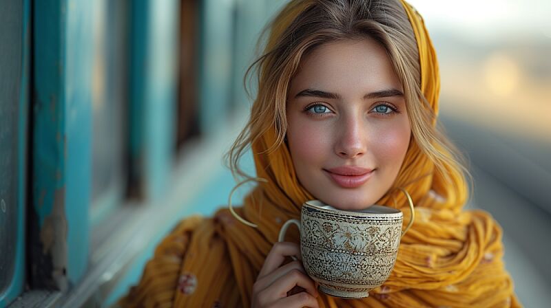 a beautiful girl drinking tea at Pakistan railway station, a Pakistani train passing in the background --ar 16:9 --v 6.0 --s 750