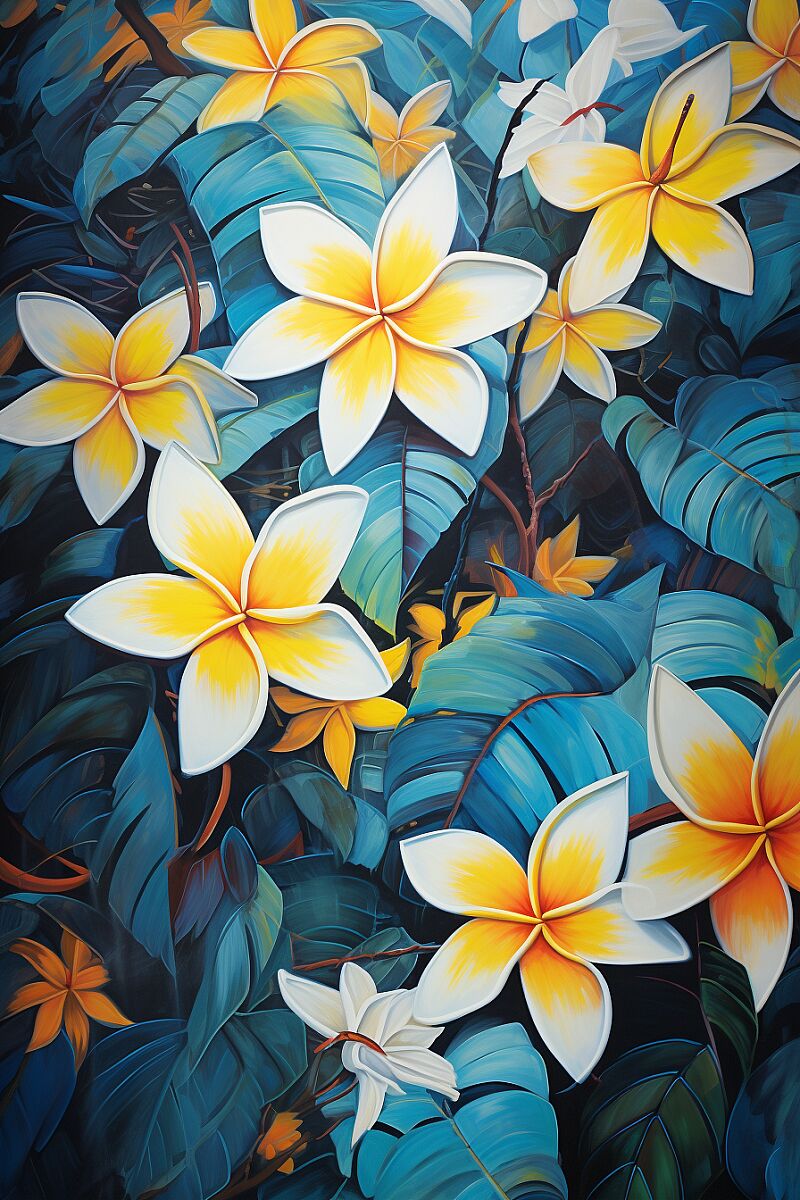 large randomly painted brush strokes of white tropical Frangipani:: colours acrylic paint with metallic, dark themed --v 5.2 --ar 2:3