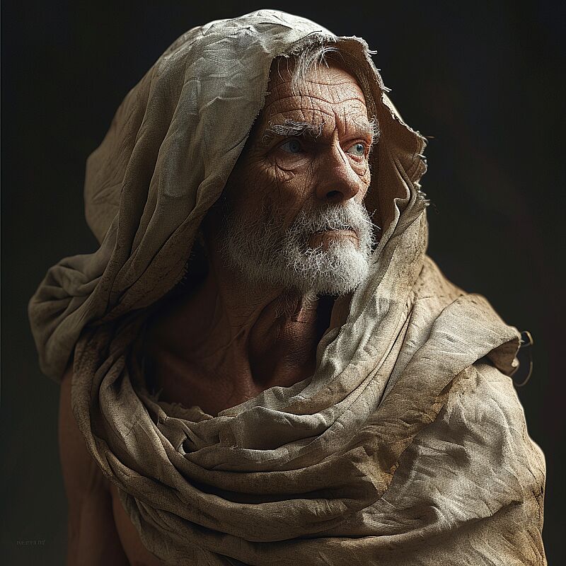 Man wrapped in old dirty cloth, wide angle, ((detailed environment)), muscular, handsome, detailed background, lifelike, ((highly detailed)), ((intricate)), detailed face, natural colors, ((((professionally color graded)))), photorealism, 8k, crisp lighting, trending on tumblr, art by artgerm and greg rutkowski and alphonse mucha and loish and WLOP --v 6.0 --style raw