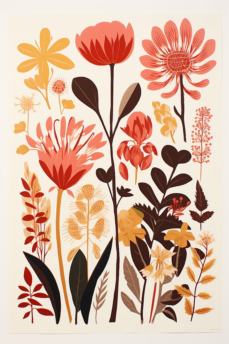 a minimalist floral woodcut print of Australian flora in the style of Henry Matisse using earthy red and gold colours --v 5.2 --ar 2:3