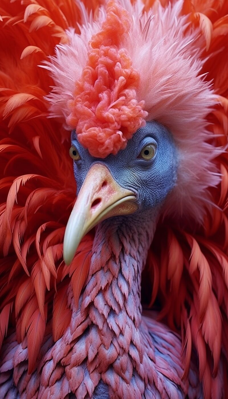 close-up face, Vibrantly surreal avian fashion photography:: turkey --ar 4:7 --s 1000 --chaos 5  --q 2 --v 5.1